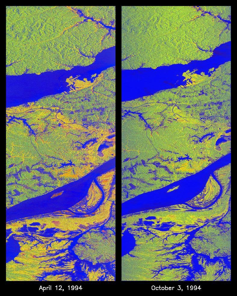 These two false-color images of the Manaus region of Brazil in South America were acquired by NASA's Spaceborne Imaging Radar-C and X-band Synthetic Aperture Radar on board the space shuttle Endeavour.