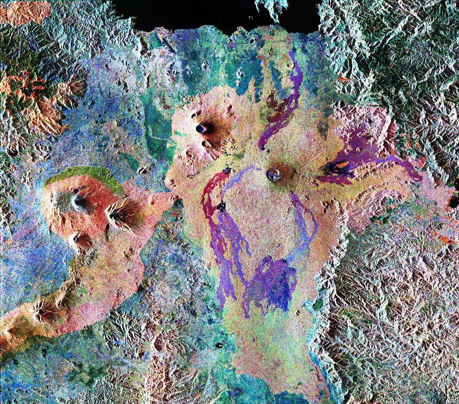 This is an image from NASA's Spaceborne Imaging Radar C/X-Band Synthetic Aperture Radar of Central Africa, showing the Virunga volcano chain along the borders of Rwanda, Zaire and Uganda. This area is home to the endangered mountain gorillas.