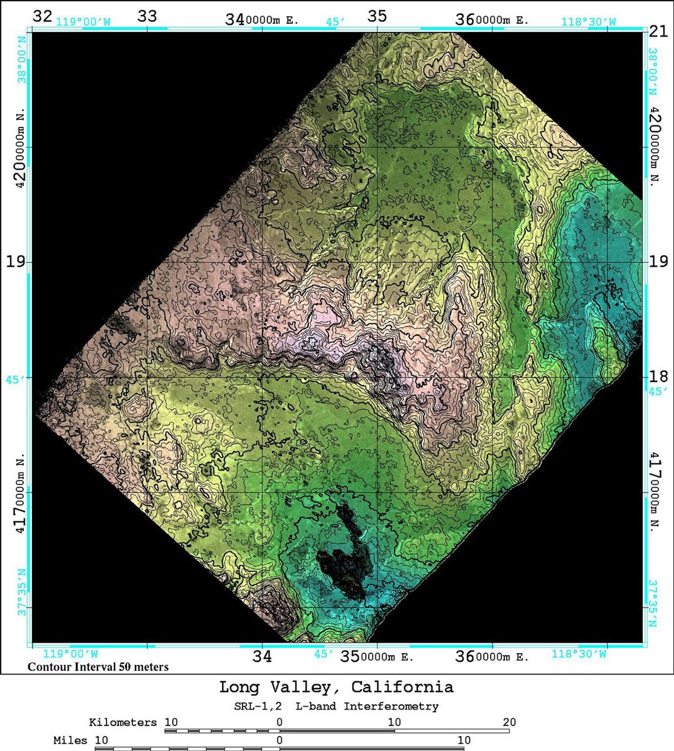 An area near Long Valley, California, was mapped by NASA's Spaceborne Imaging Radar-C and X-band Synthetic Aperture Radar aboard the space shuttle Endeavor on April 13, 1994.