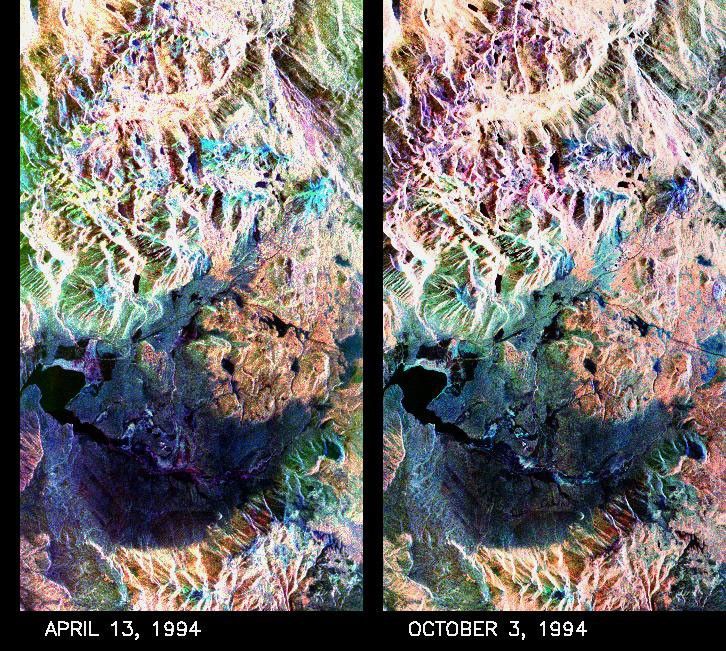 These two false-color composite images from NASA's Spaceborne Imaging Radar-C/X-band Synthetic Aperture Radar of the Mammoth Mountain area in the Sierra Nevada Mountains, Calif., show significant seasonal changes in snow cover.