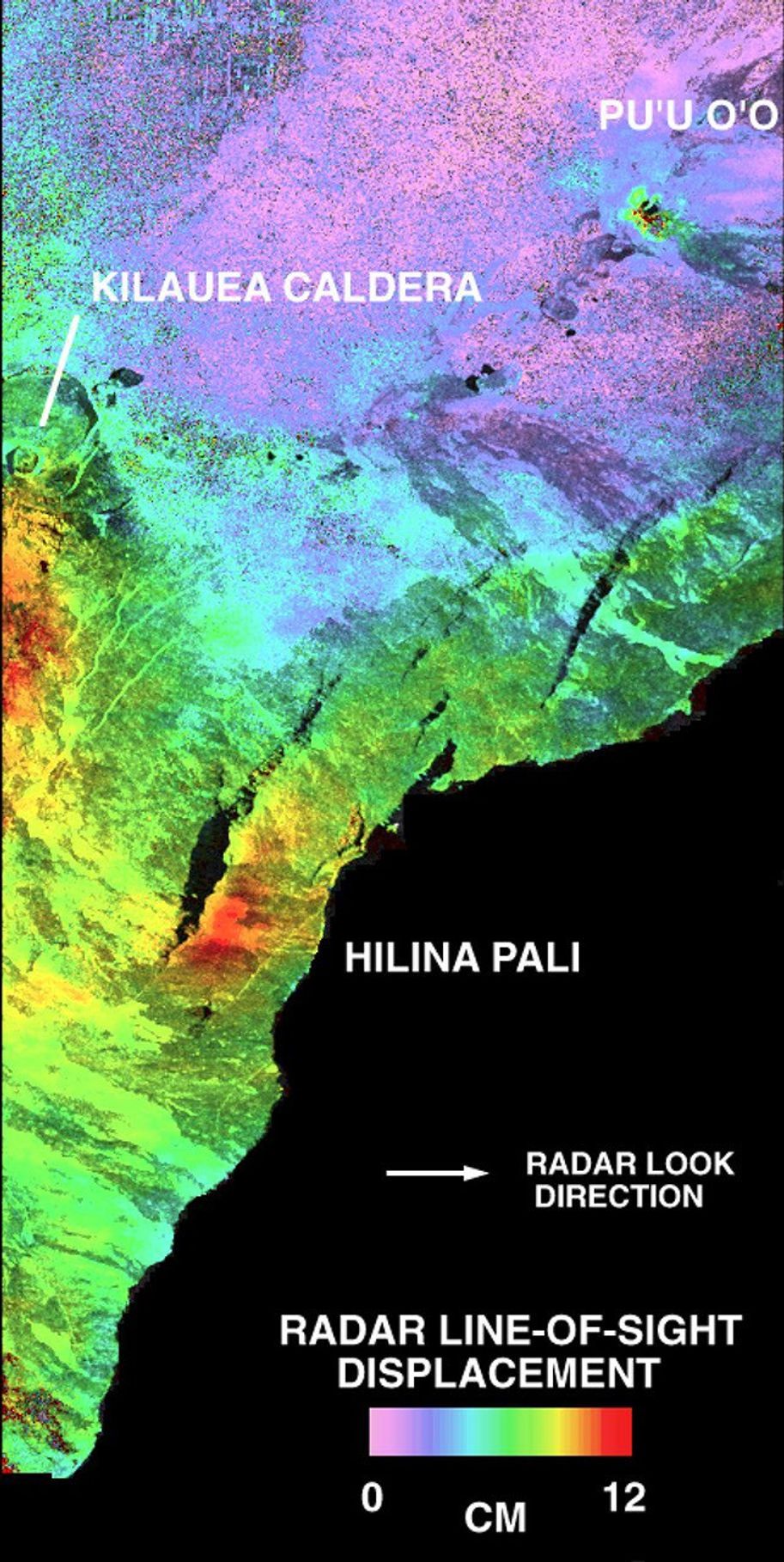 This is a deformation map from NASA's Spaceborne Imaging Radar-C/X-band Synthetic Aperture Radar of the south flank of Kilauea volcano on the big island of Hawaii, centered at 19.5 degrees north latitude and 155.25 degrees west longitude.
