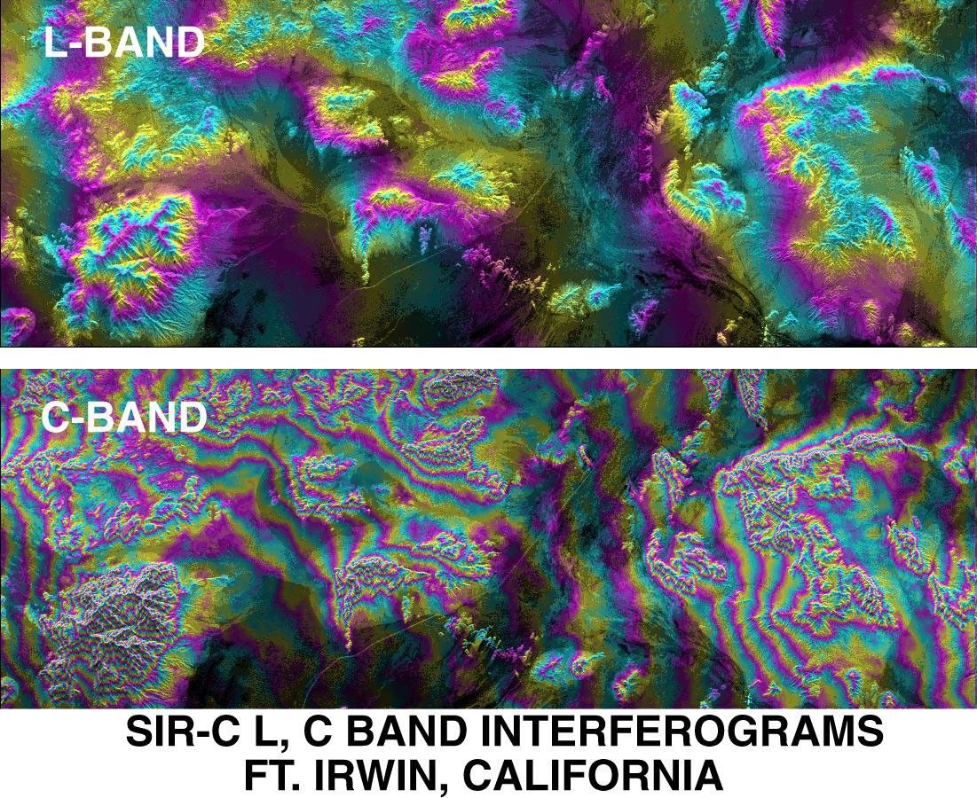 This image from NASA's Spaceborne Imaging Radar-C/X-band Synthetic Aperture Radar of Fort Irwin in California's Mojave Desert compares interferometric radar signatures topography.