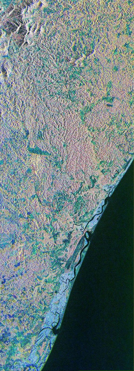 This is a color composite image NASA's Spaceborne Imaging Radar-C/X-band Synthetic Aperture Radar of southern Bahia, Brazil, centered at 15.22 degree south latitude and 39.07 degrees west longitude.