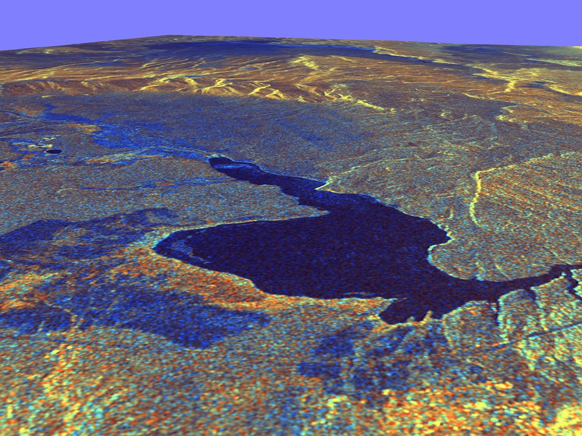 This three-dimensional perspective view of Long Valley, California was created from data taken by NASA's Spaceborne Imaging Radar-C/X-band Synthetic Aperture Radar on board the space shuttle Endeavour.