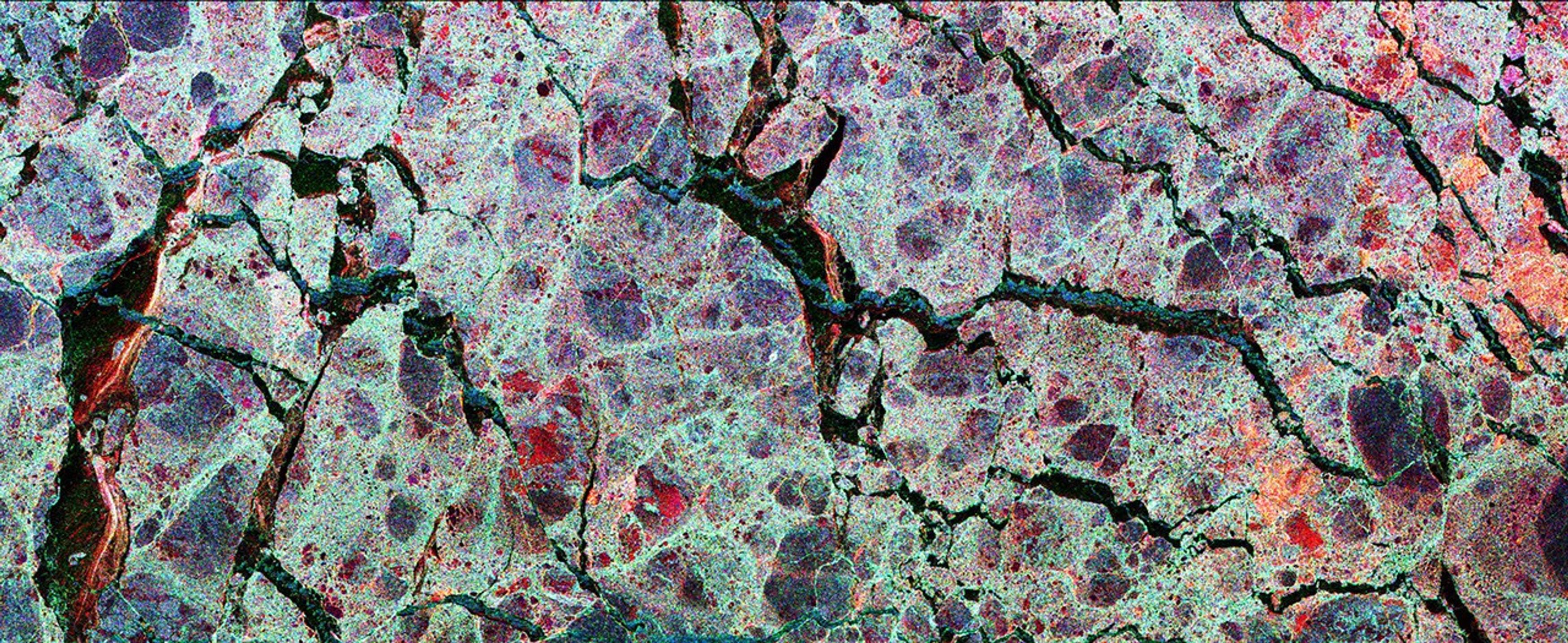 This image from NASA's Spaceborne Imaging Radar-C/X-band Synthetic Aperture Radar is the first calibrated, multi-frequency, multi-polarization spaceborne radar image of the seasonal sea-ice cover in the Weddell Sea, Antarctica.