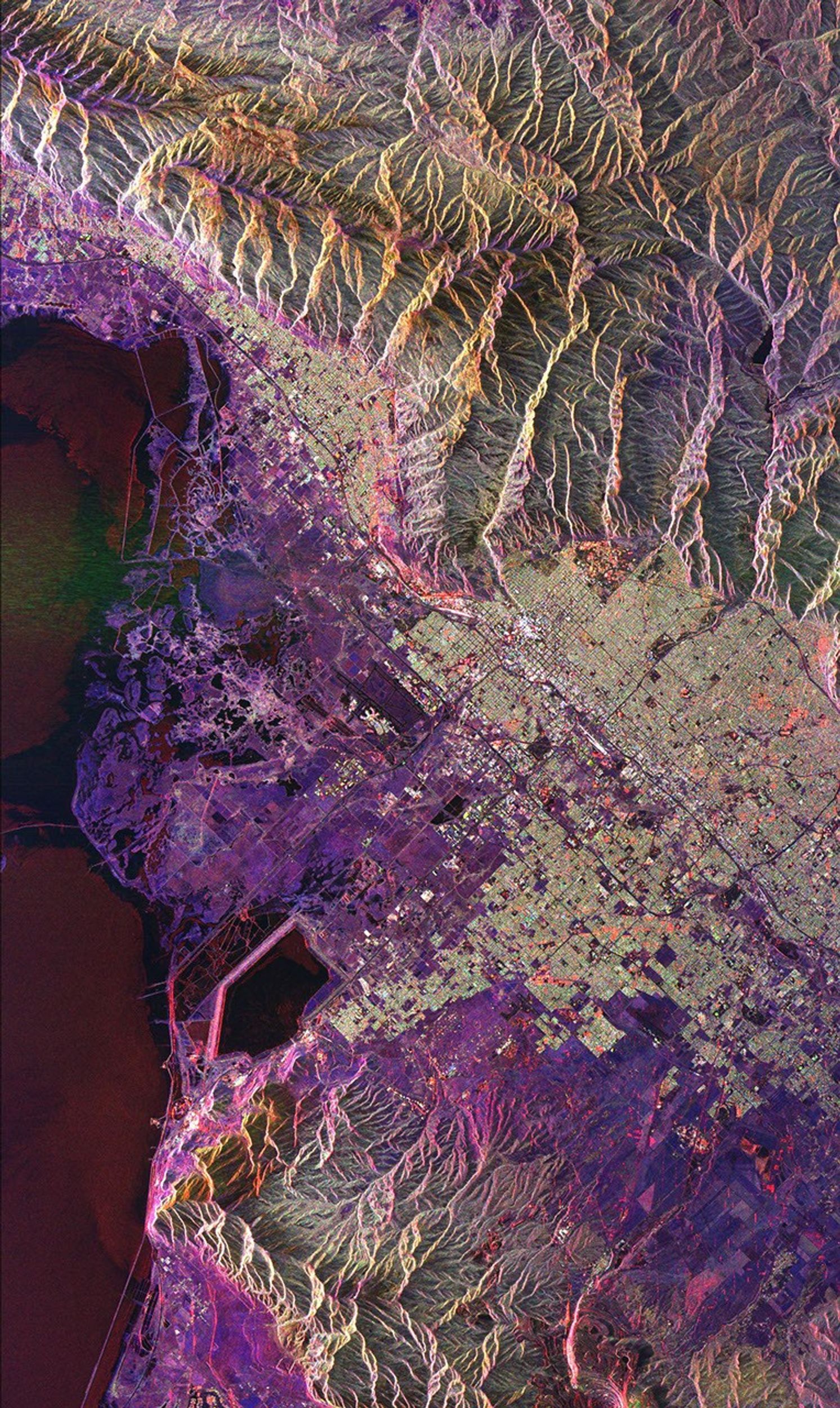 This radar image from NASA's Spaceborne Imaging Radar-C/X-band Synthetic Aperture Radar of Salt Lake City, Utah, illustrates the different land use patterns that are present in the Utah Valley.