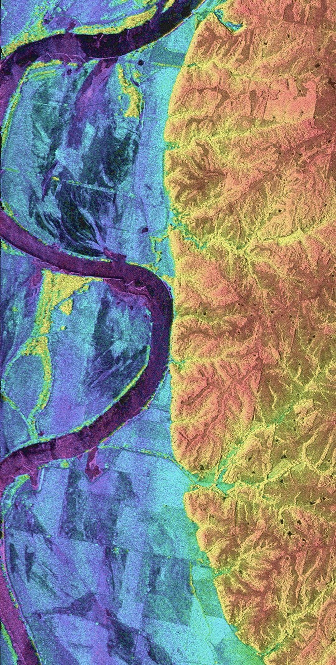 This is a combined radar and topography image acquired by NASA's Airborne Synthetic Aperture Radar of an area along the Missouri River that experienced severe flooding and levee failure in the summer of 1993.