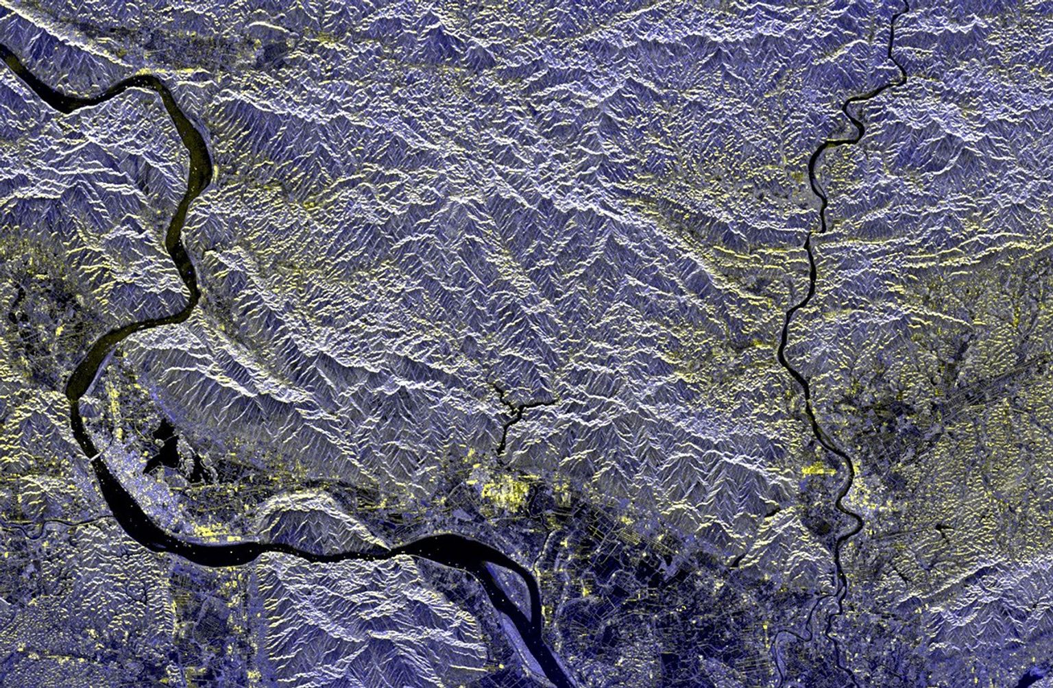 This spaceborne radar image from NASA's Spaceborne Imaging Radar C/X-Band Synthetic Aperture Radar of a mineral-rich region in southern China is being used by geologists to identify potential new areas for mineral exploration.