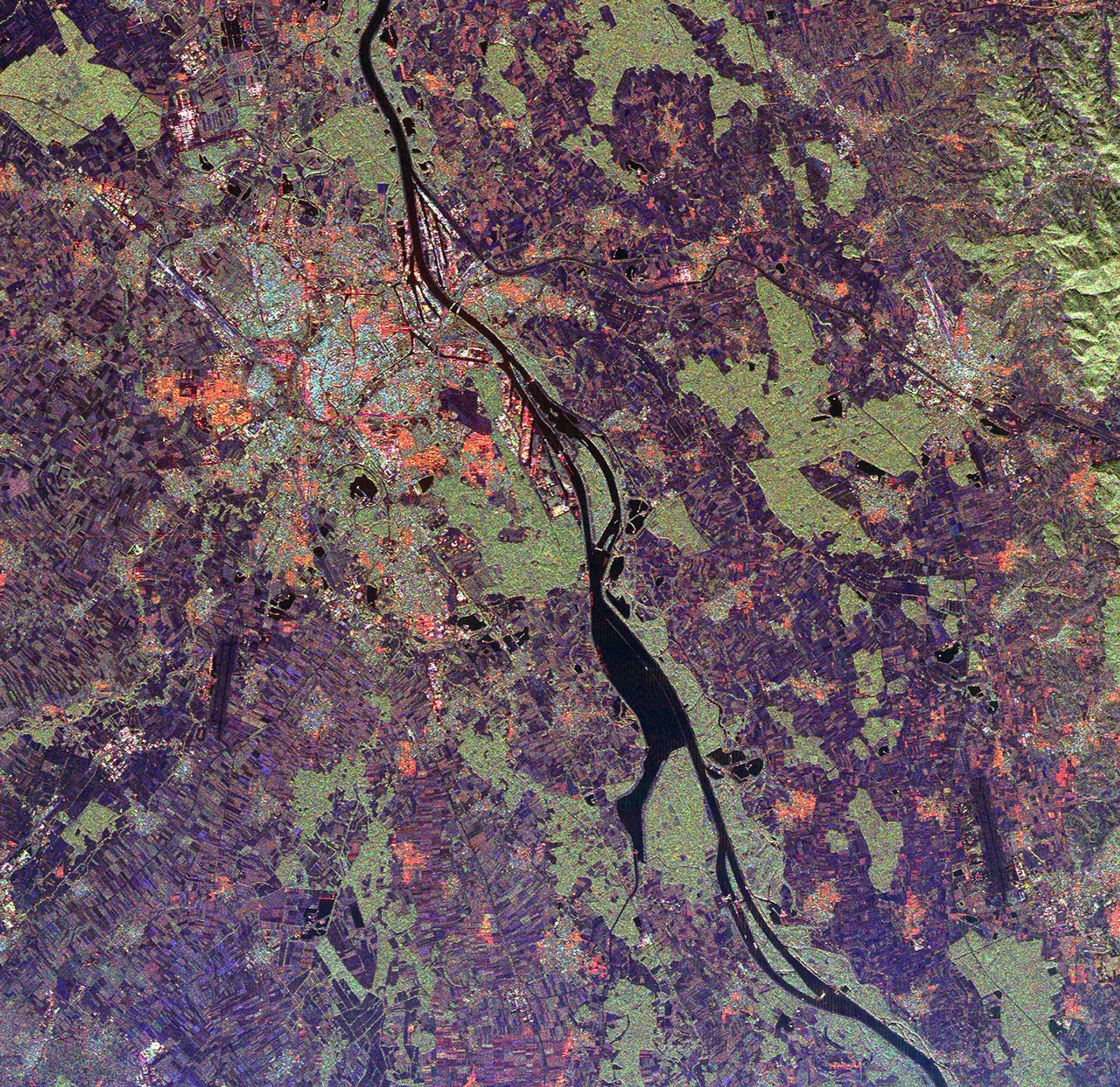 This spaceborne radar image from NASA's Spaceborne Imaging Radar C/X-Band Synthetic Aperture shows a segment of the Rhine River where it forms the border between the Alsace region of northeastern France on the left and the Black Forest region of Germany.