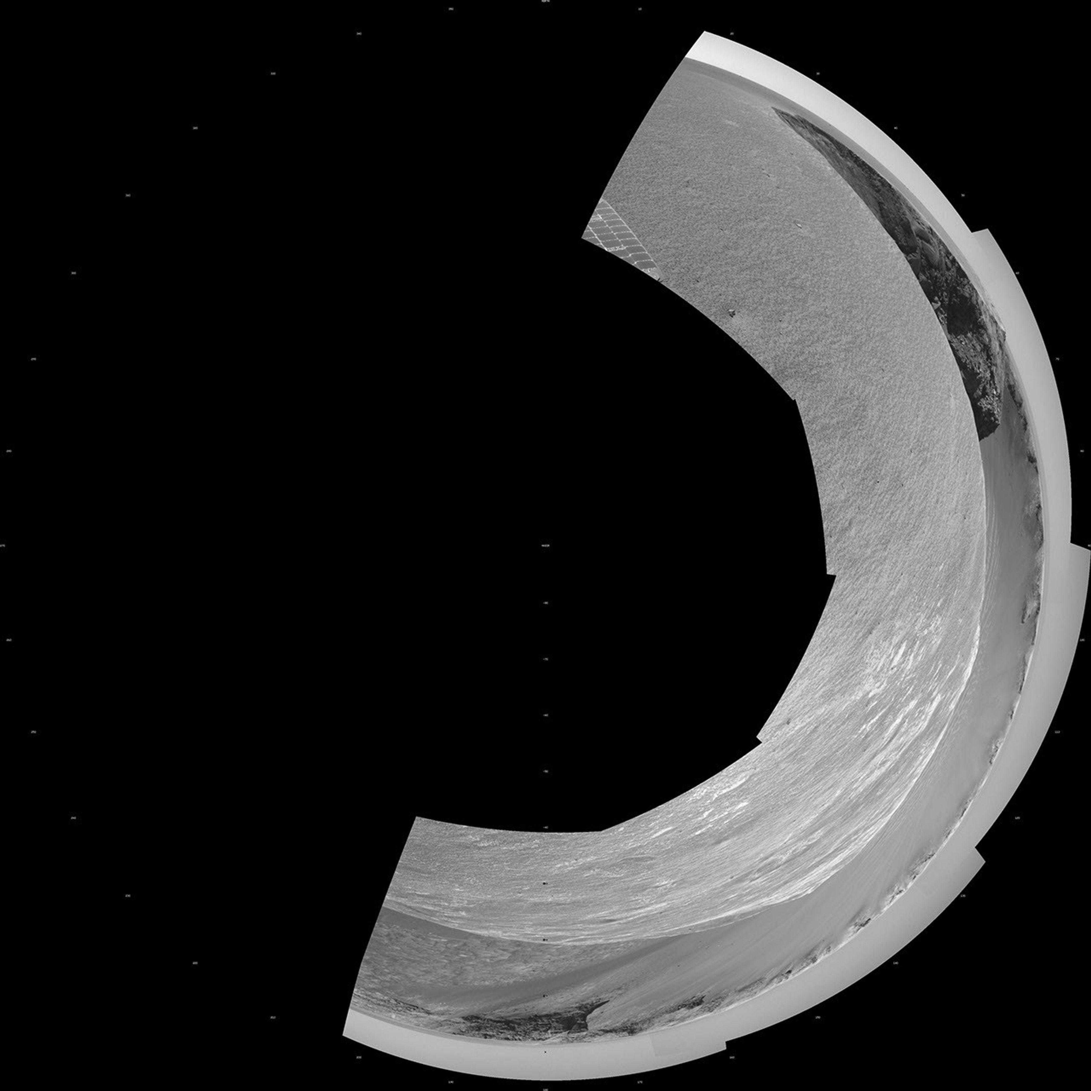 NASA's Mars Exploration Rover Opportunity used its navigation camera to take the images combined into this stereo view of the rover's surroundings on the 958th sol, or Martian day, of its surface mission (Oct. 4, 2006)