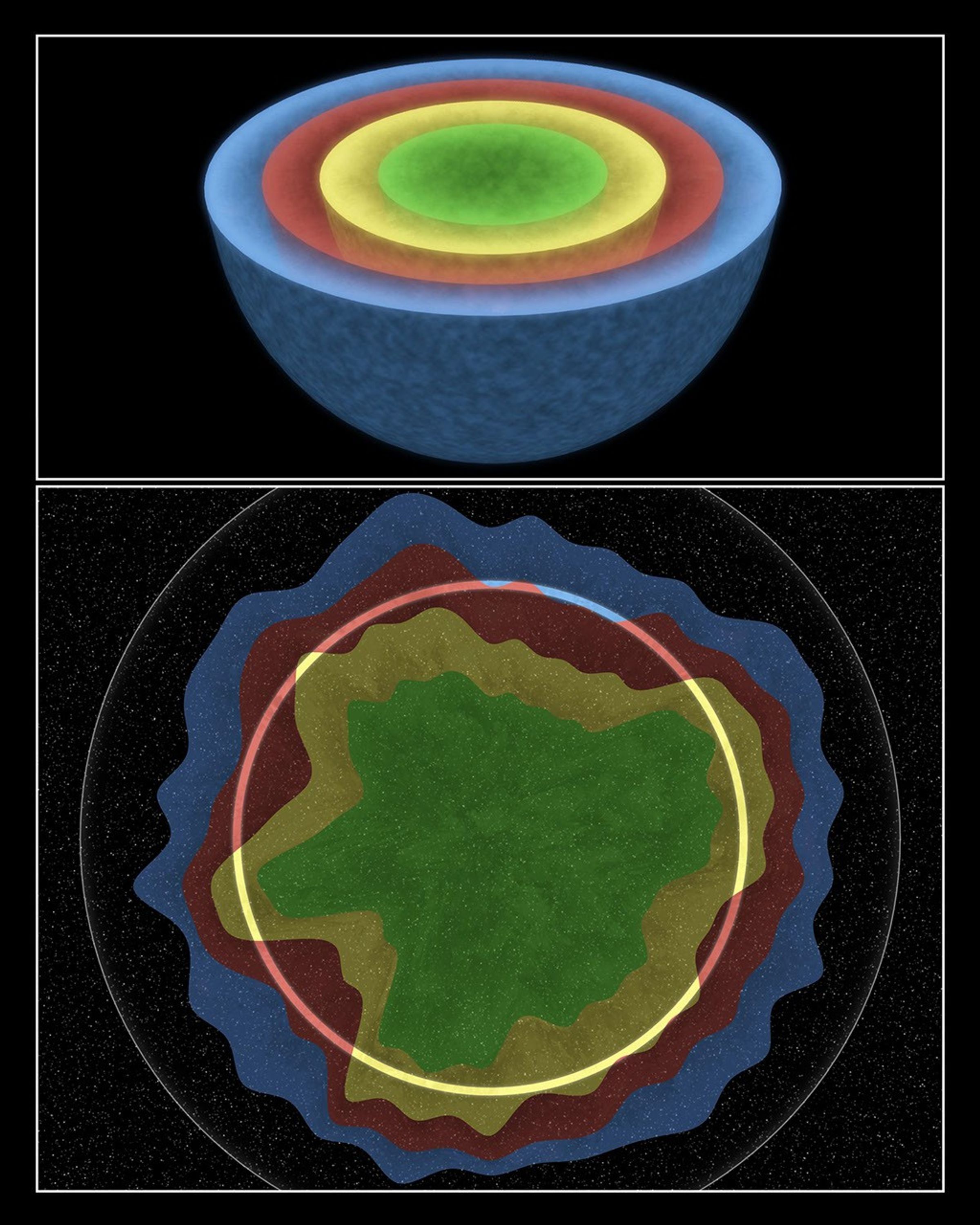 This artist concept shows that NASA's Spitzer Space Telescope found evidence that this star, the remains of which are named Cassiopeia A, exploded with some degree of order, preserving chunks of its onion-like layers as it blasted apart.