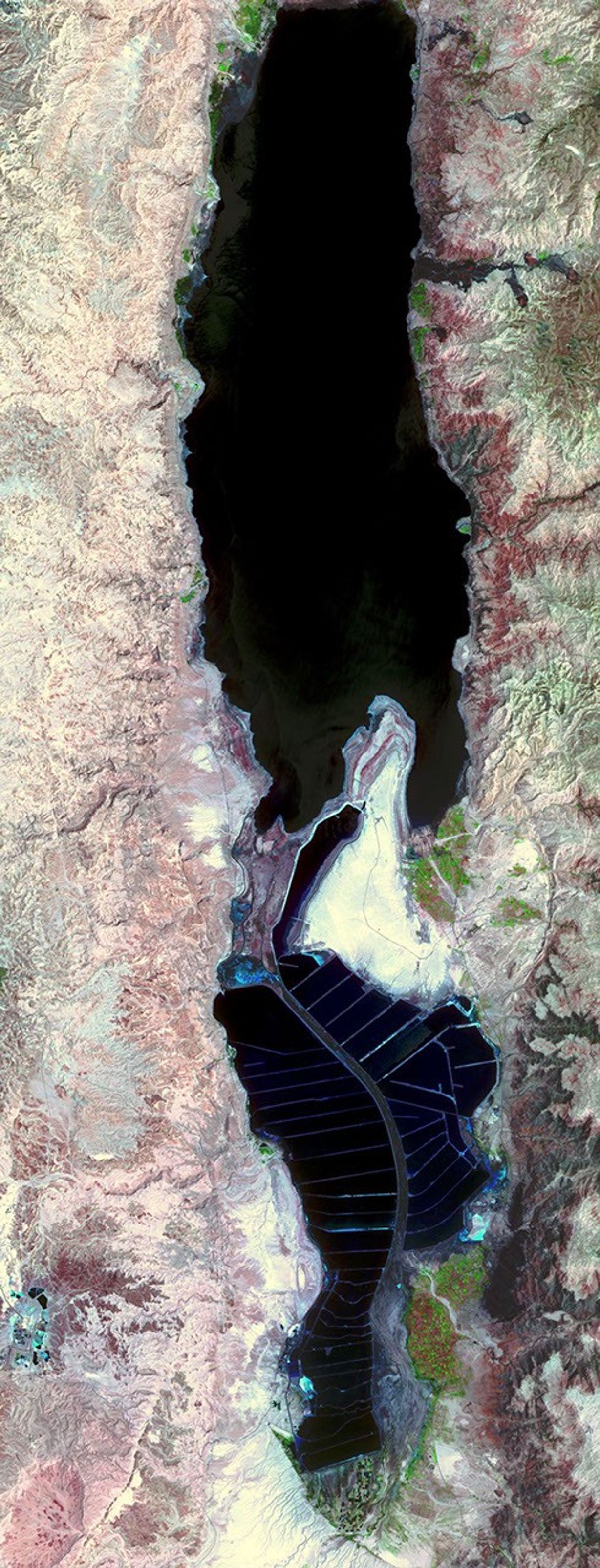 The Dead Sea is the lowest point on Earth at 418 meters below sea level, and also one of the saltiest bodies of water on Earth. This image was acquired by NASA's Terra spacecraft.