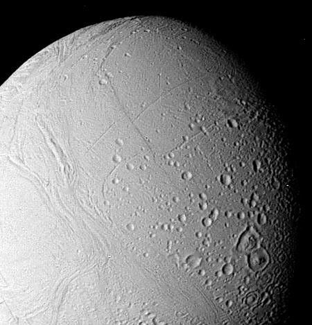 The surface of Enceladus is seen in this closeup view obtained Aug. 25, 1981, when NASA's Voyager 2 was 112,000 kilometers (69,500 miles) from this satellite of Saturn.