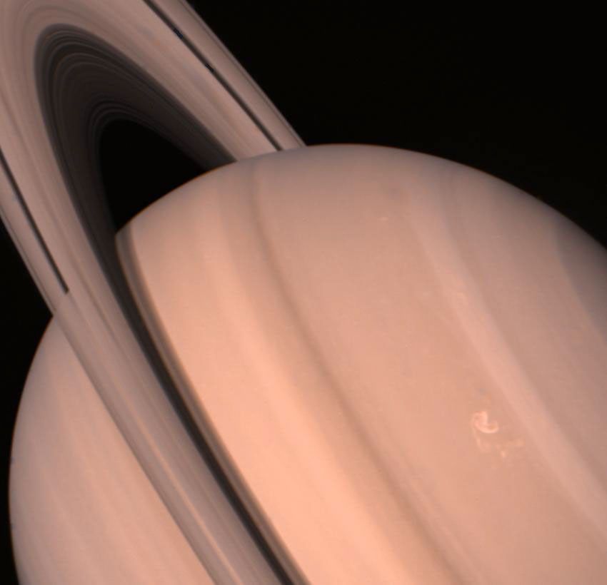 NASA's Voyager 2 returned this view of Saturn and its ring system Aug. 11, when the spacecraft was 13.9 million kilometers (8.6 million miles) away and approaching the large, gaseous planet at about l million km. (620,000 mi.) a day.