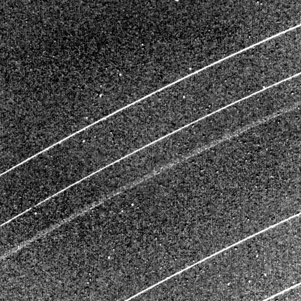 This NASA Voyager 2 image of the Uranian rings delta, gamma, eta, beta and alpha (from top) was taken Jan. 23, 1986.