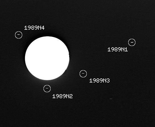 This image captured by NASA's Voyager 2 spacecraft on July 30, 1989, was used to confirm the discovery of three new satellites orbiting Neptune.