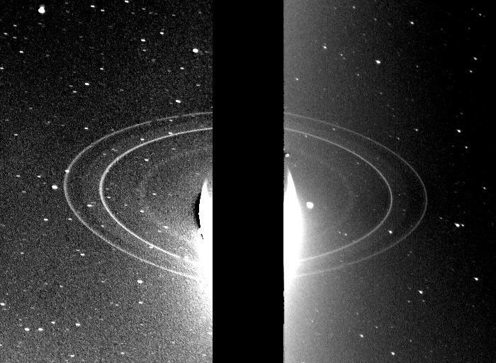 These two 591-second exposures of the rings of Neptune were taken with the clear filter by the NASA's Voyager 2 wide-angle camera on Aug. 26, 1989. The two main rings are clearly visible and appear complete over the region imaged.