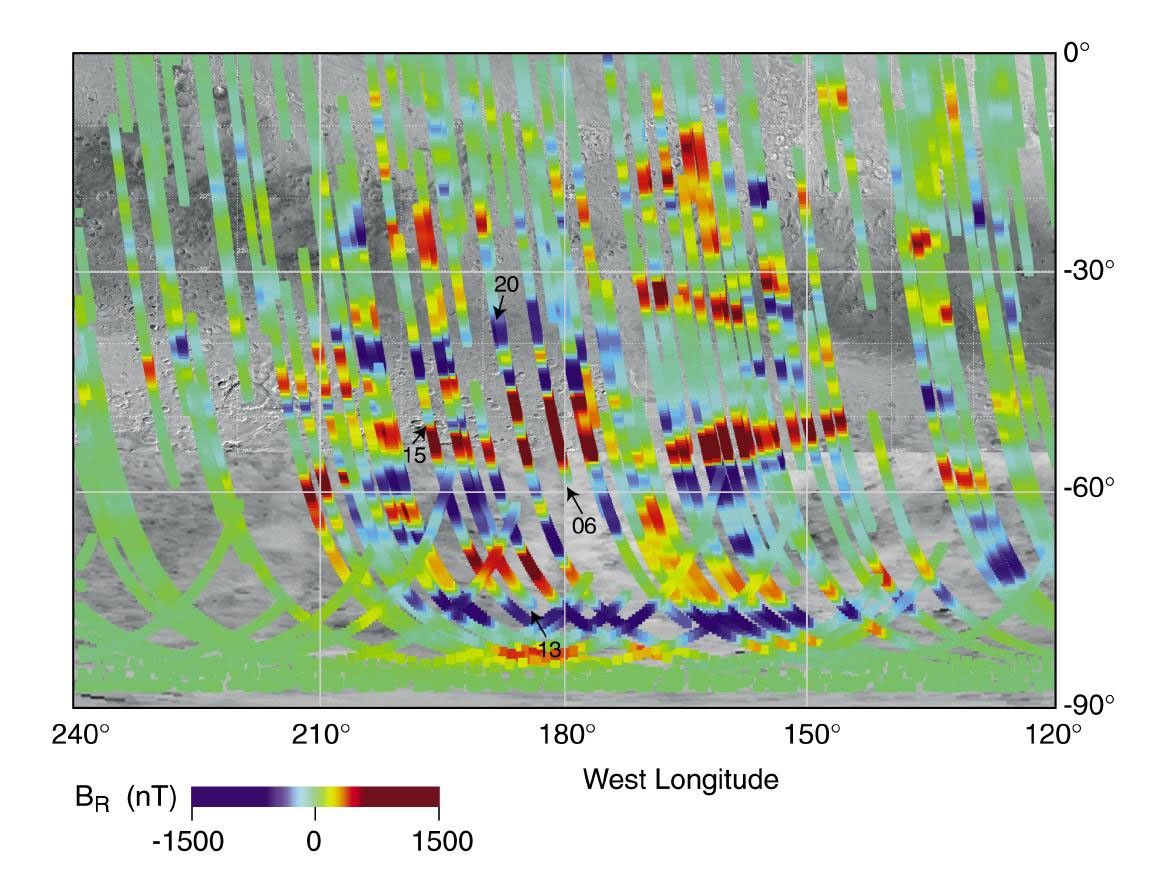 NASA's Mars Global Surveyor provides a map of Martian magnetic fields in the southern highlands near the Terra Cimmeria and Terra Sirenum regions.