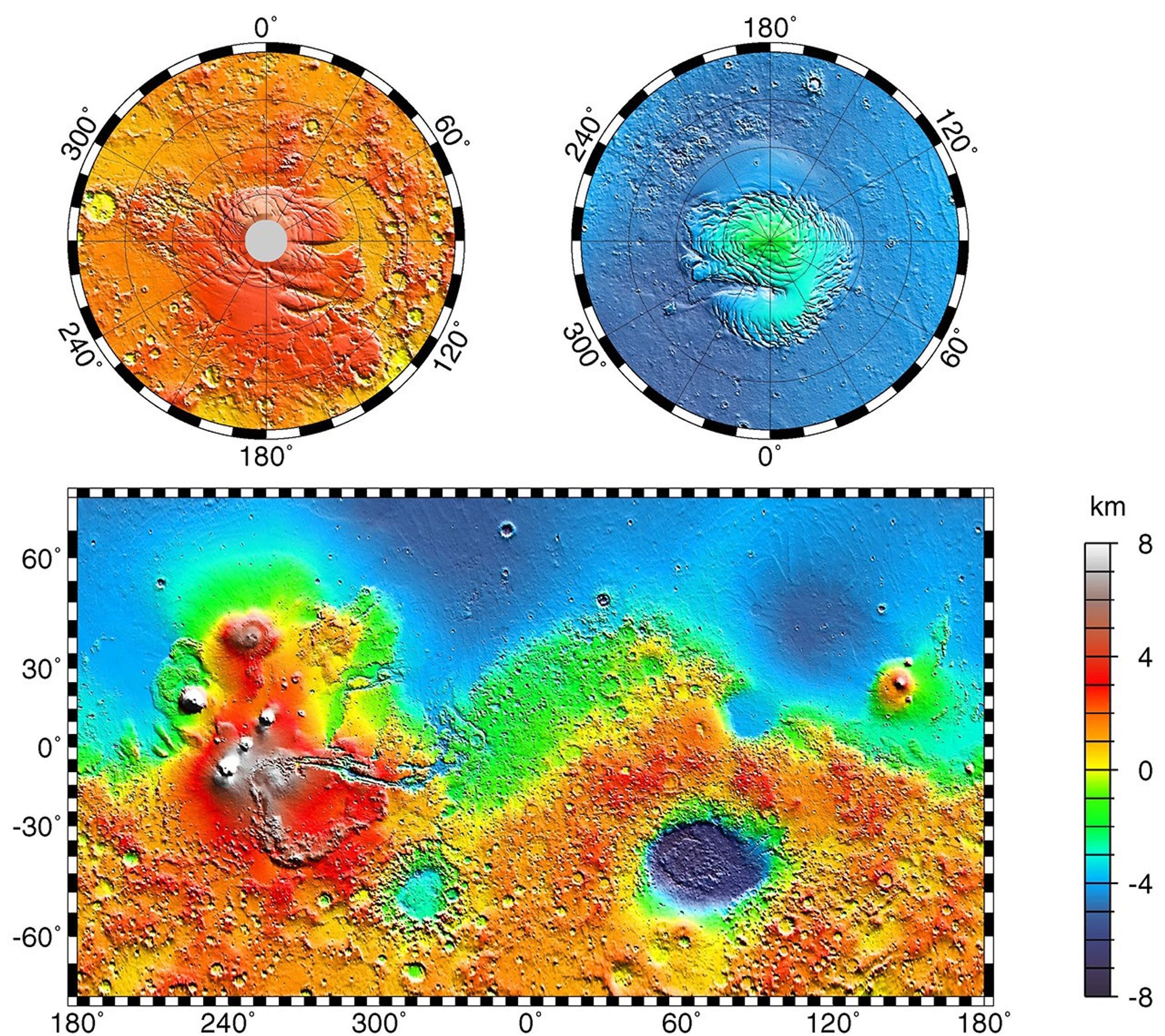 NASA's Mars Global Surveyor shows a topography map of the vast east-west trending Valles Marineris canyon system and several major volcanic shields including Olympus Mons.