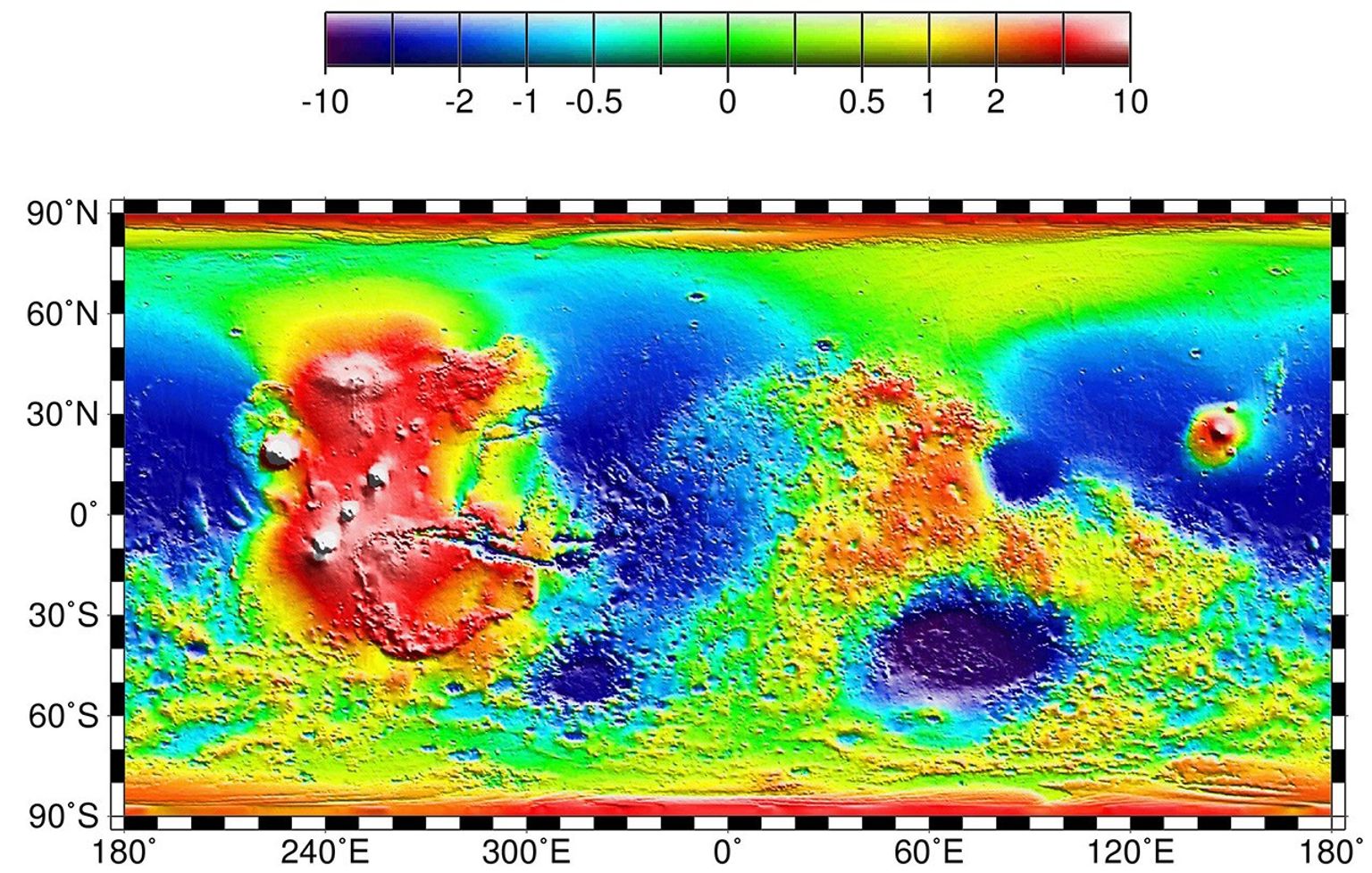 NASA's Mars Global Surveyor shows a topography map of the Tharsis province and the Hellas impact basin.