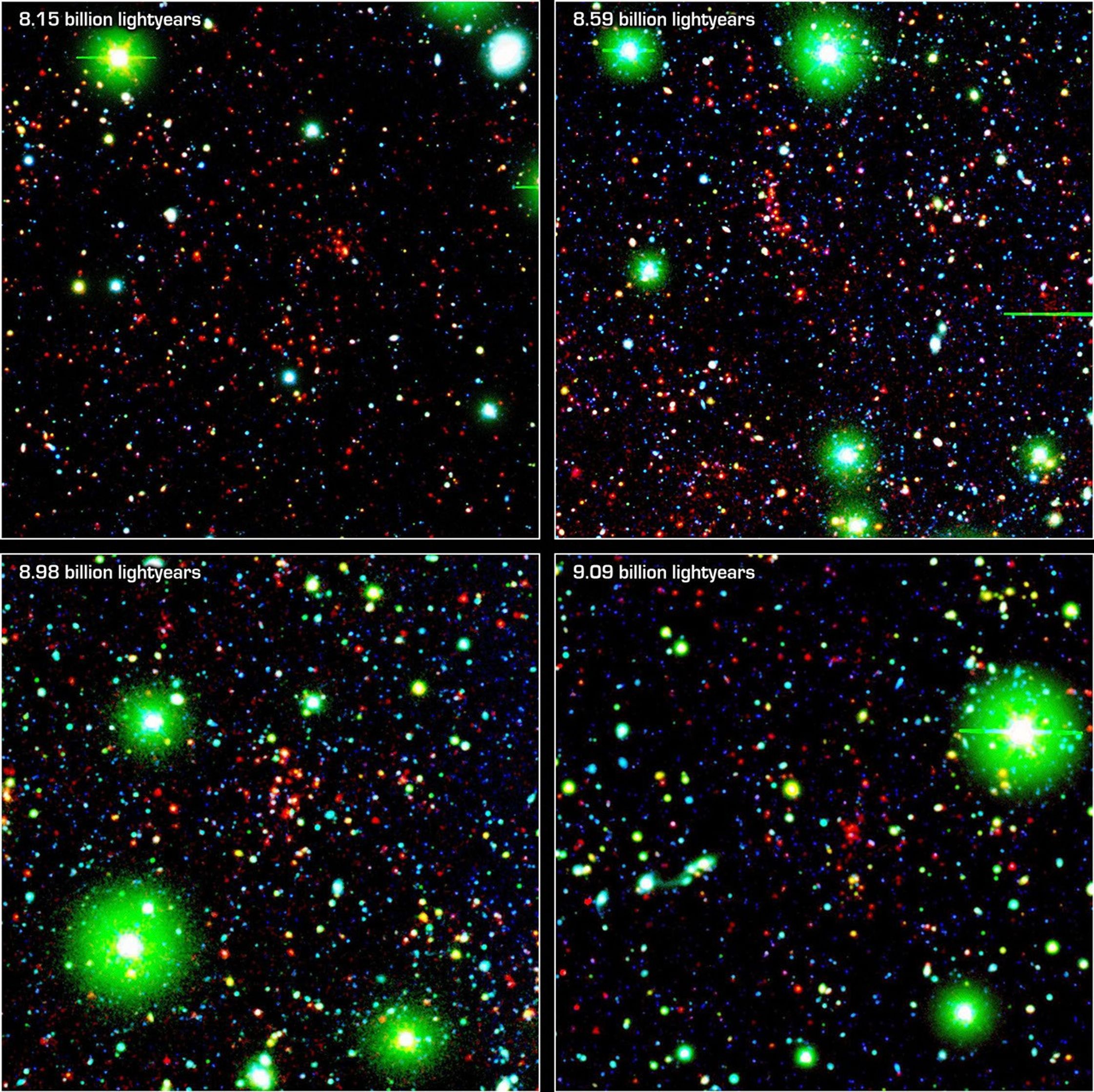 Like great friends, galaxies stick together. Astronomers using NASA's Spitzer Space Telescope have spotted a handful of great galactic pals bonding back when the universe was a mere 4.6 billion years old.