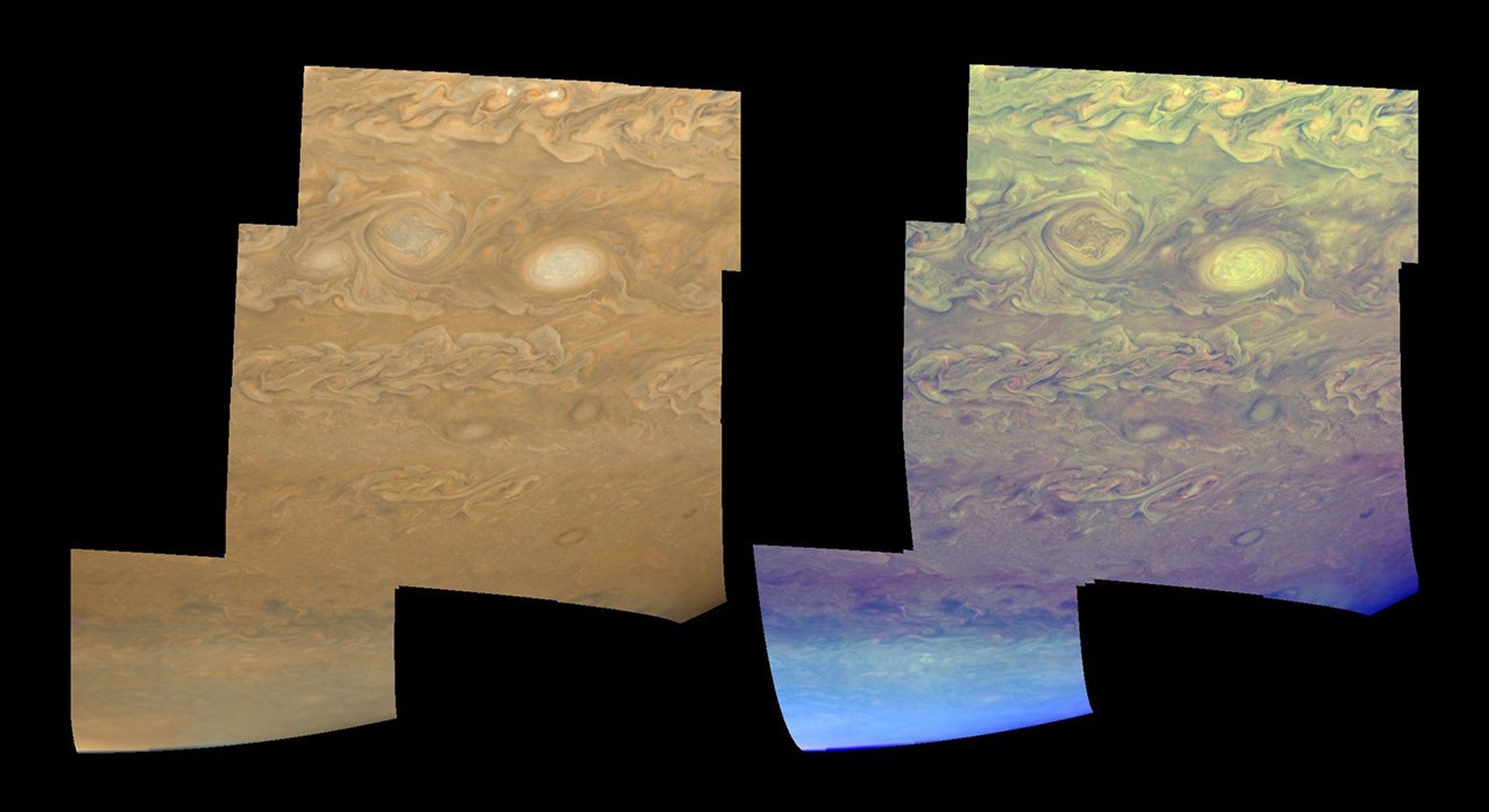 The clouds and hazes of Jupiter's southern hemisphere, in the region between 25 degrees south latitude and the pole, are shown in approximately true color (left mosaic) and in false color (right mosaic). The images were taken by NASA's Galileo spacecraft.