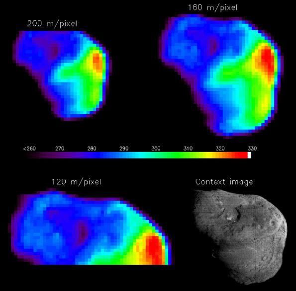 This is a Tempel 1 temperature map of the nucleus with different spatial resolutions from NASA's Deep Impact mission. The color bar in the middle gives temperature in Kelvins. The sun is to the right in all images.