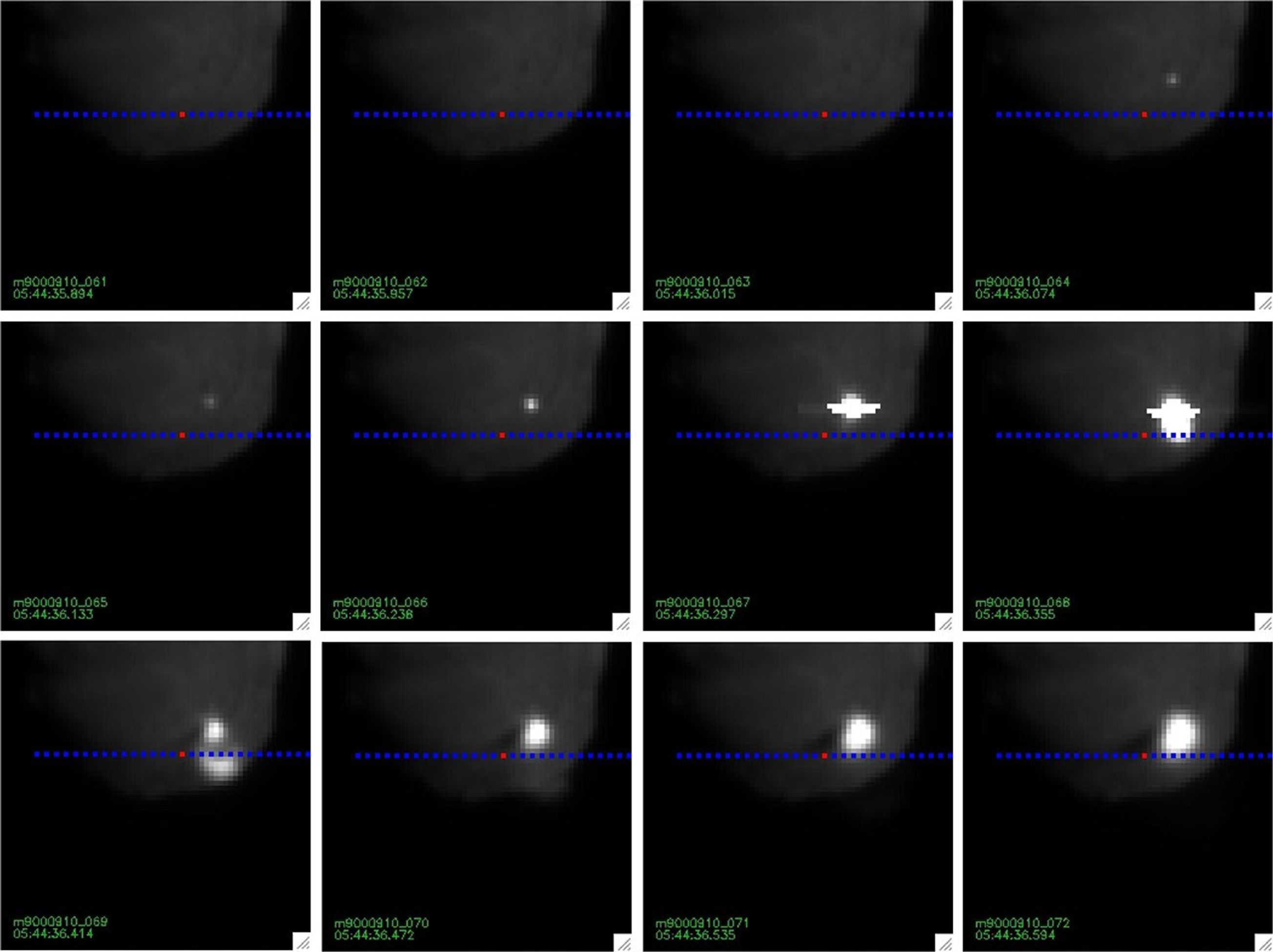 NASA's Deep Impact's Tempel 1 Mission Update. Images of impact taken with the medium resolution imager. The blue dotted line is the position of the spectrometer's slit.
