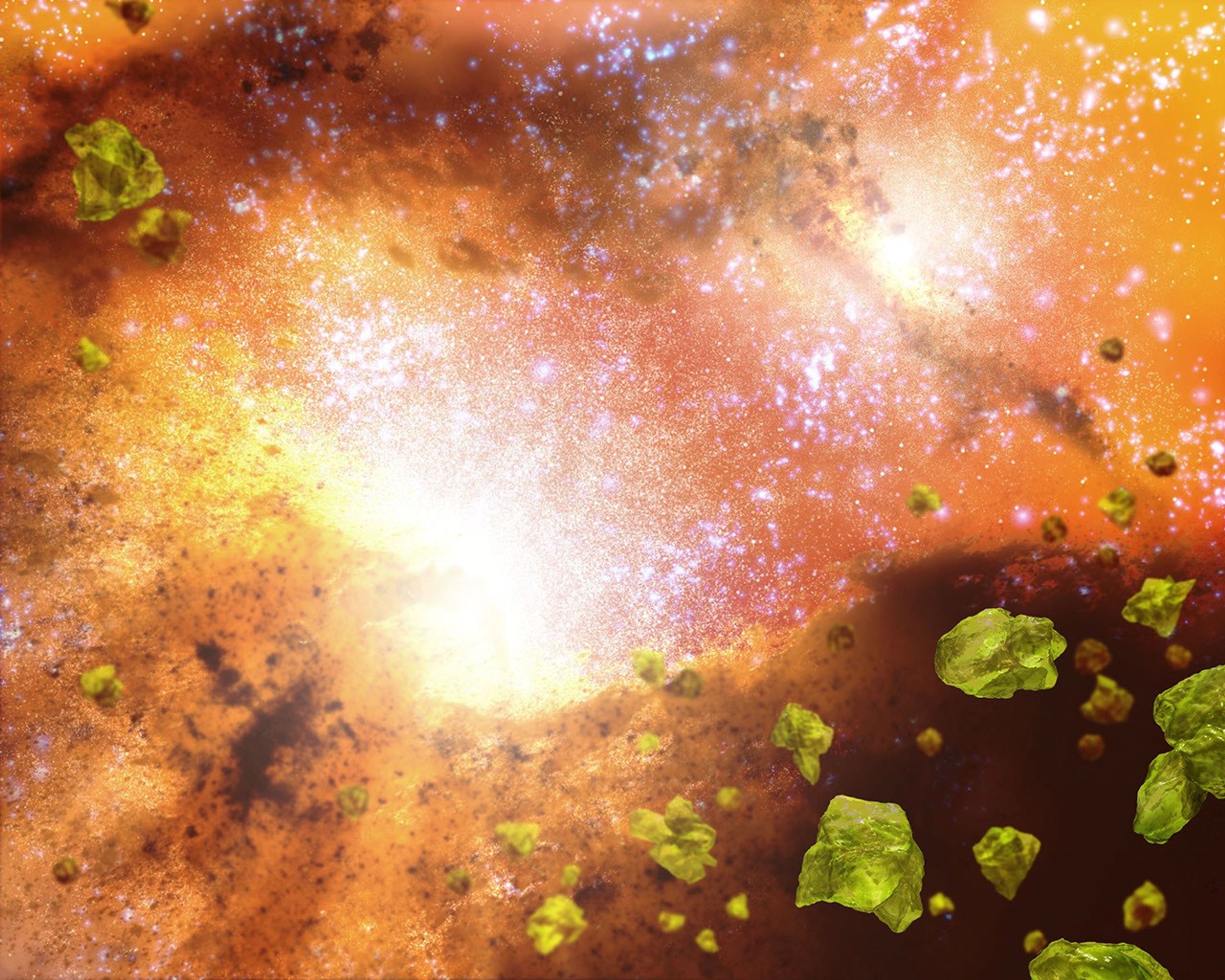 This artist's concept based on data fromNASA's Spitzer Space Telescope shows delicate greenish crystals sprinkled throughout the violent core of a pair of colliding galaxies. The white spots represent a thriving population of stars of all sizes and ages.