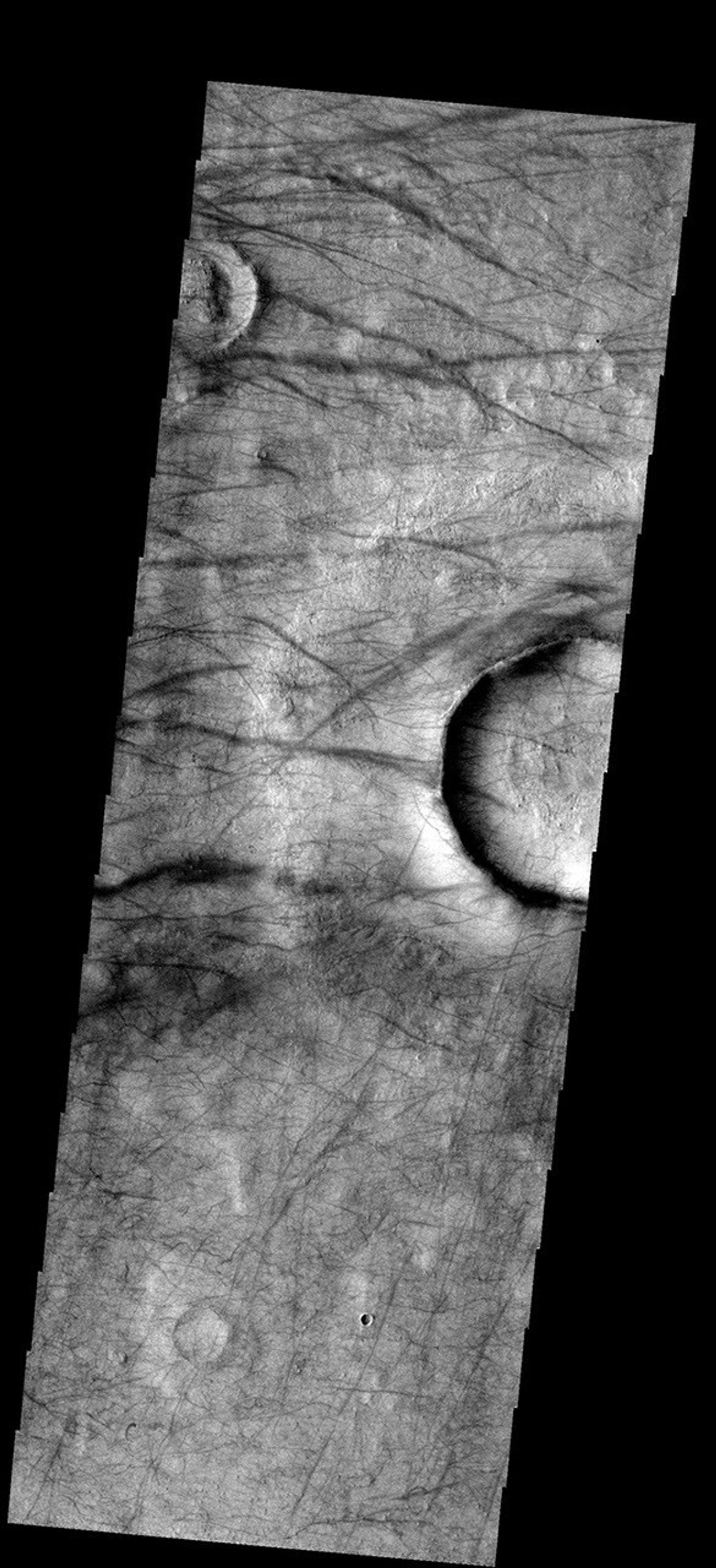 Dust devil activity in this region between Brashear and Ross Craters is very common. Large regions of dust devil tracks surround the south polar region of Mars as seen by NASA's 2001 Mars Odyssey.