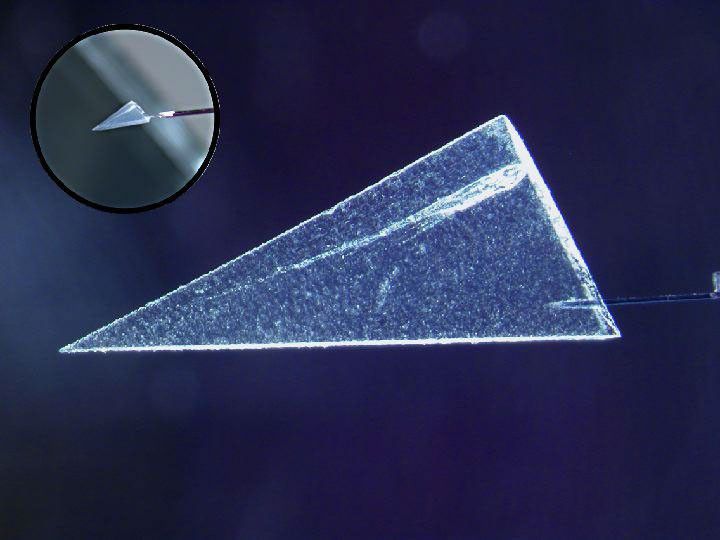 This image illustrates one of several ways scientists have begun extracting comet particles from NASA'a Stardust spacecraft's collector. First, a particle and its track are cut out of the collector material, called aerogel.