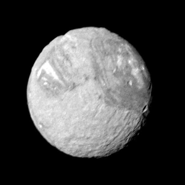 One wide-angle and eight narrow-angle camera images of Miranda, taken by NASA's Voyager 2, were combined in this view. The controlled mosaic was transformed to an orthographic view centered on the south pole.