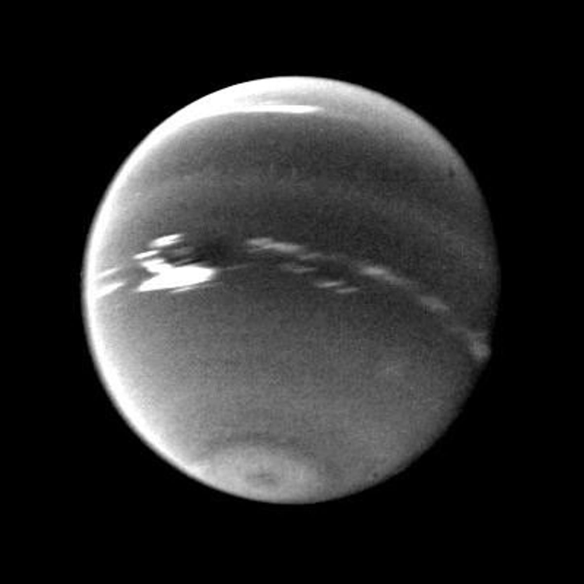 Voyager 2 close observation of bright methane clouds near a dark storm on Neptune