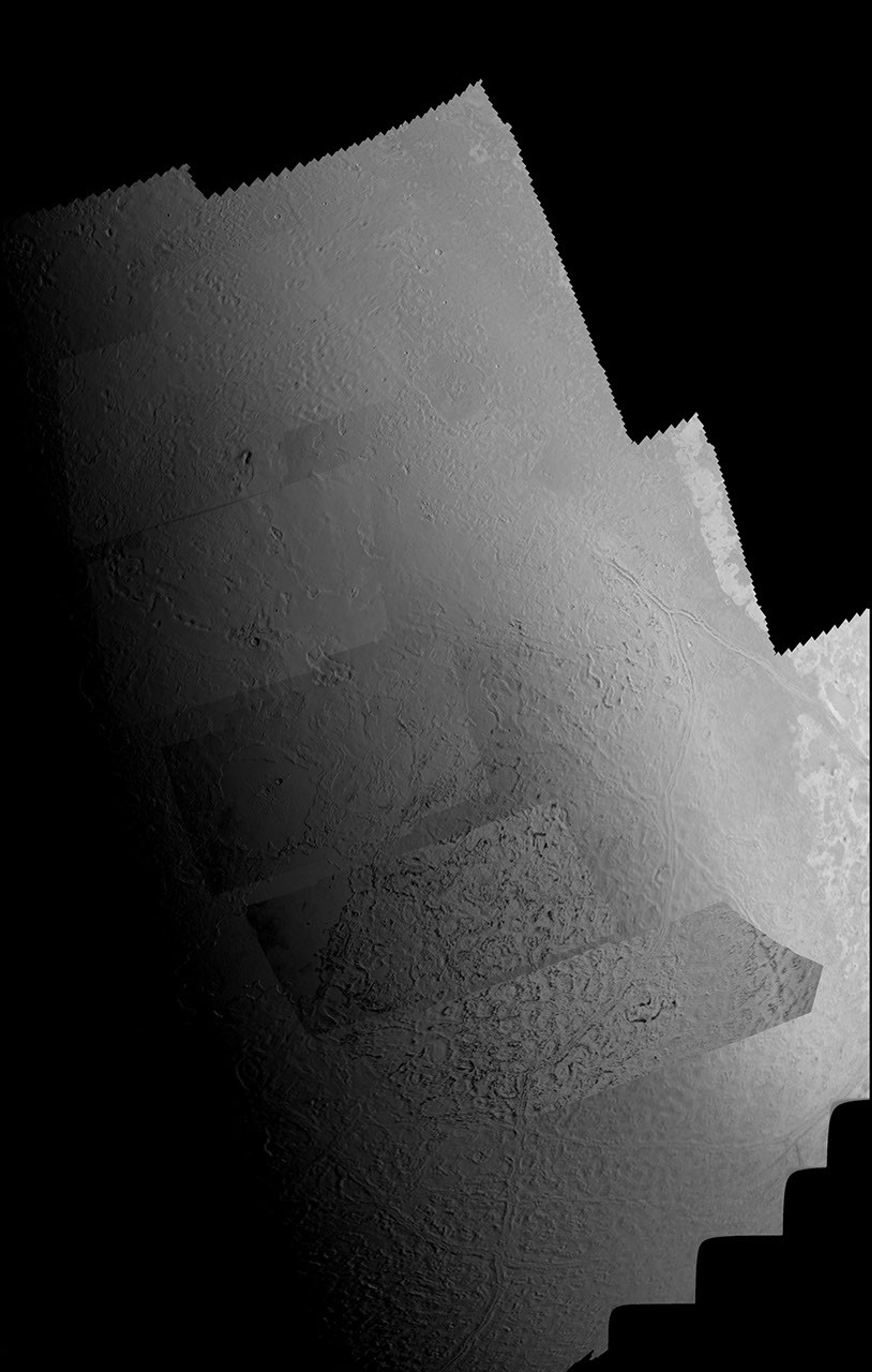 This picture of Triton is a mosaic of the highest resolution images taken by NASA's Voyager 2 on Aug. 25, 1989 from a distance of about 40,000 kilometers (24,800 miles).