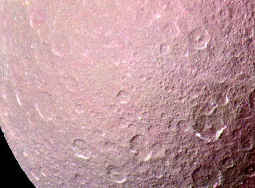 NASA's Voyager 1 took this high resolution color image of Rhea just before the spacecraft's closest approach to the Saturnian moon on Nov. 12, 1980 from a range of 128,000 kilometers (79,500 miles).