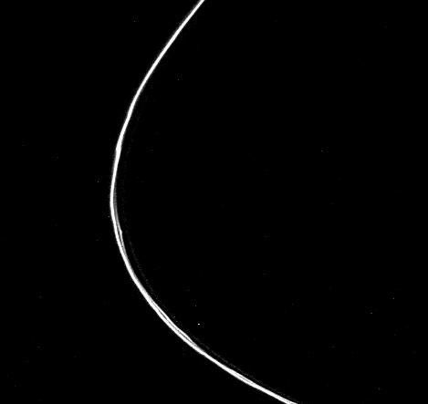 The three separate components of Saturn's F-ring are seen in this image taken by NASA's Voyager l on Nov. 12, 1980, from a range of 750,000 kilometers (466,000) miles.