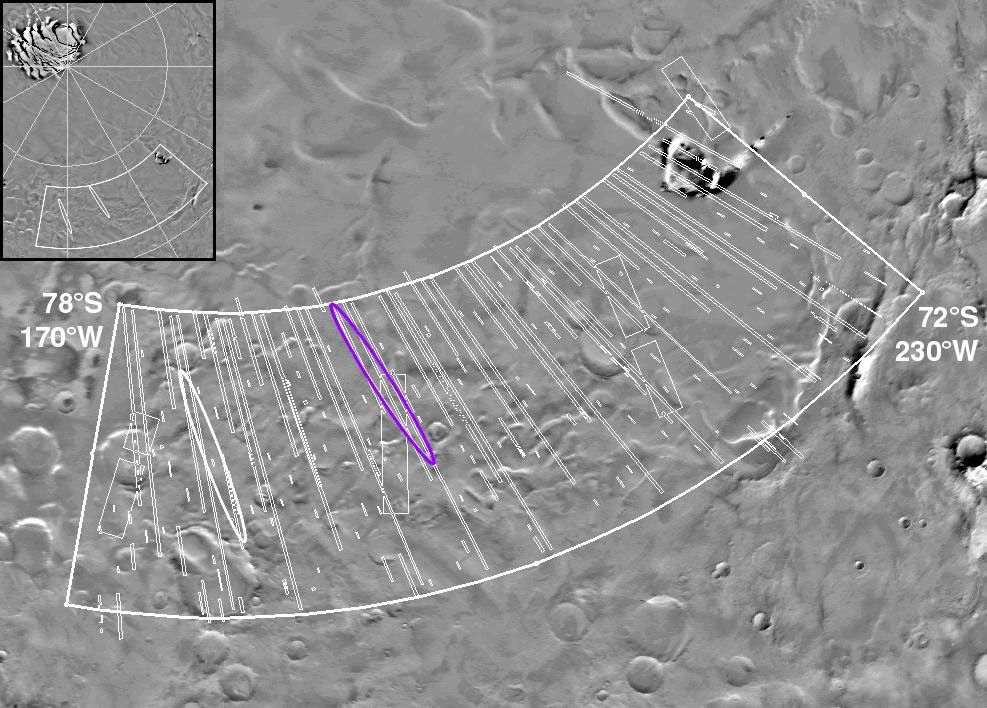 NASA's Mars Global Surveyor shows the location of the primary (blue) and secondary (white) landing ellipses, which were selected on the basis of interpretation of the MGS data, in particular data from NAS Mars Orbiter Laser Altimeter and Mars Orbiter.