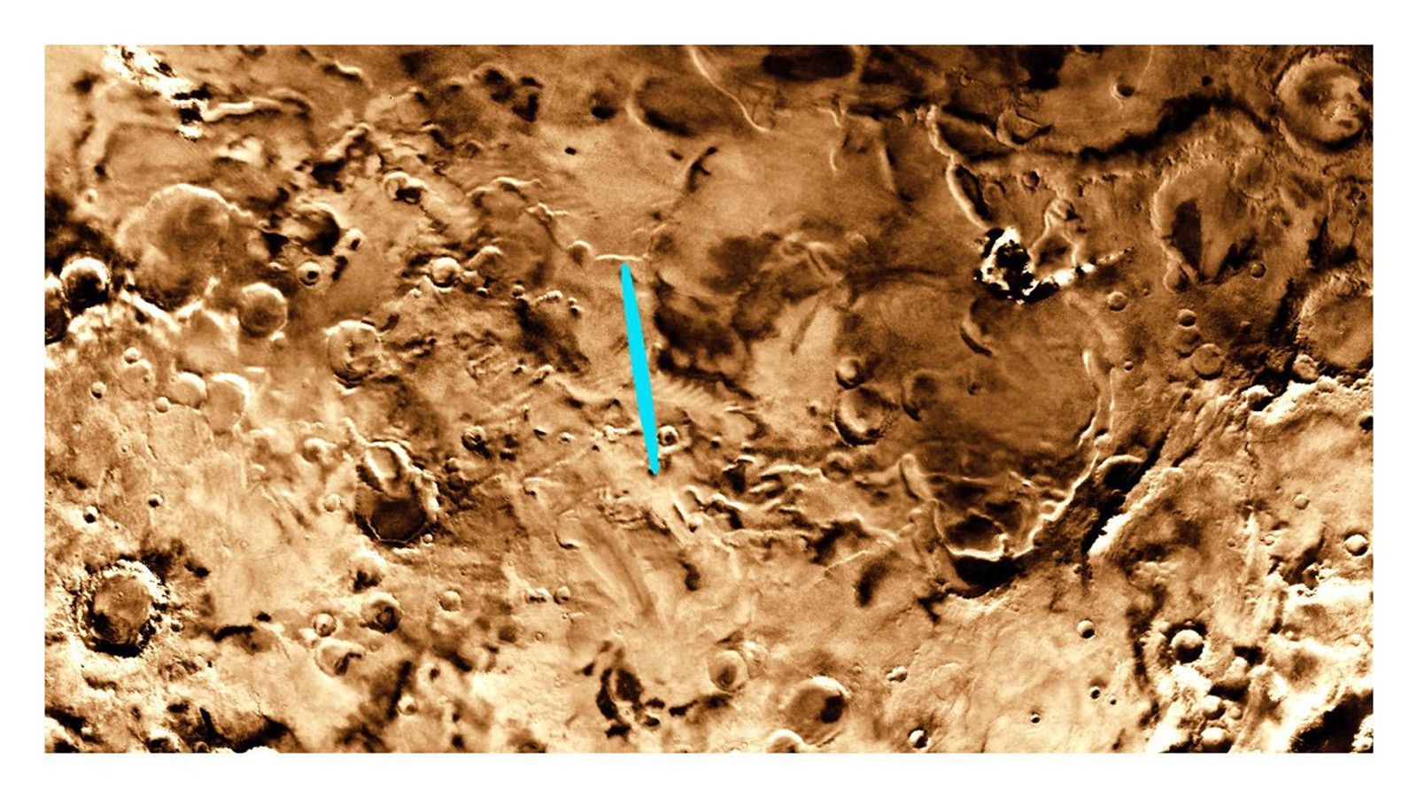 This map of Mars was created using images from NASA's Viking orbiters. It shows the original landing zone selected for the Mars Polar Lander. A bright blue ellipse indicates the landing location of the landing site.