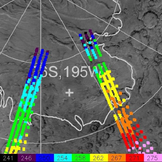 NASA's Mars Global Surveyor shows the Mars Polar Lander landing site noon-time temperatures in January, 1998.