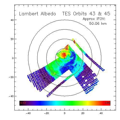 NASA's Mars Global Surveyor shows the mapping of Mars' polar cap recession, surface and atmospheric temperatures, and albedo features found within the seasonal cap itself.