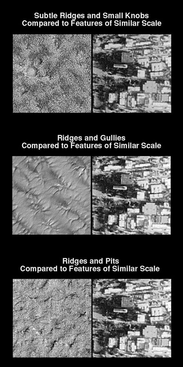 NASA's Mars Global Surveyor shows the three most abundant terrain types seen in the Mars Polar Lander landing ellipse, ridges and small knobs, ridges and gullies, and ridges and pits.