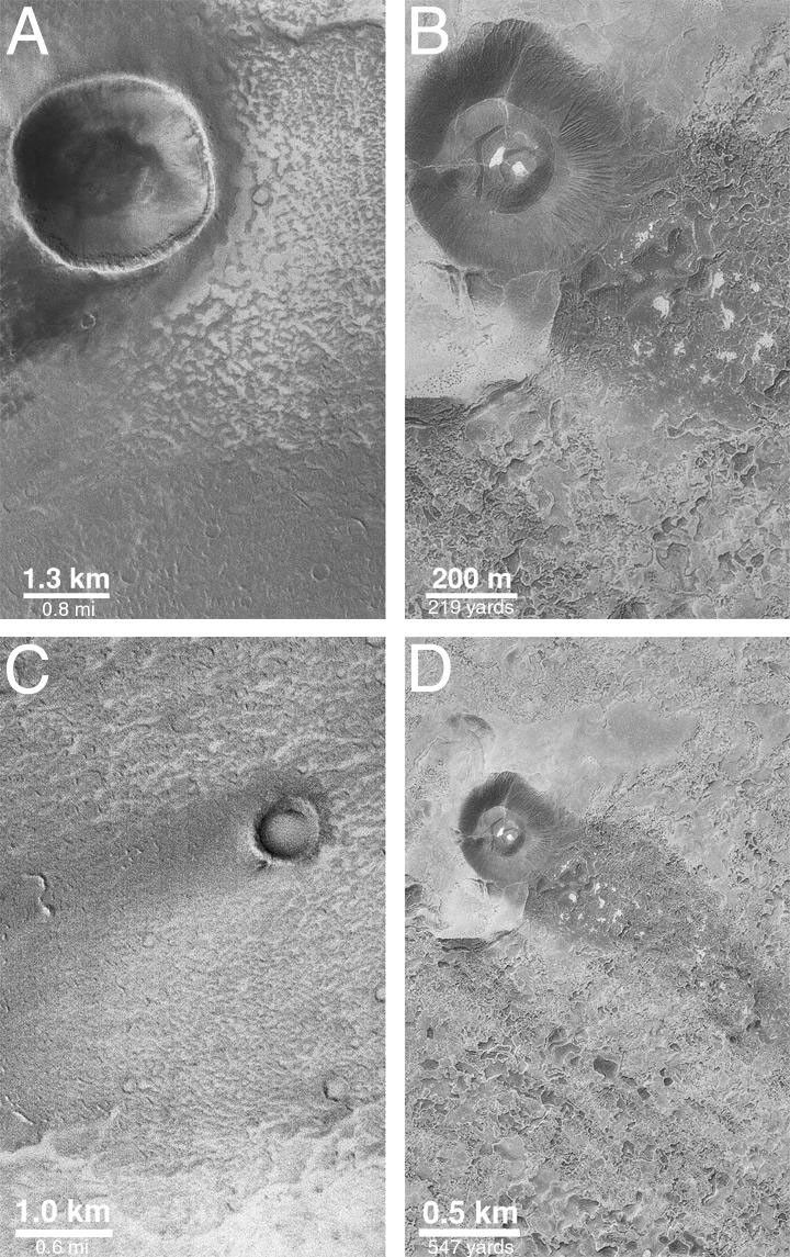 NASA's Mars Global Surveyor compares images of wind features on a lava field on Mars with similar features on a lava field in southern California.