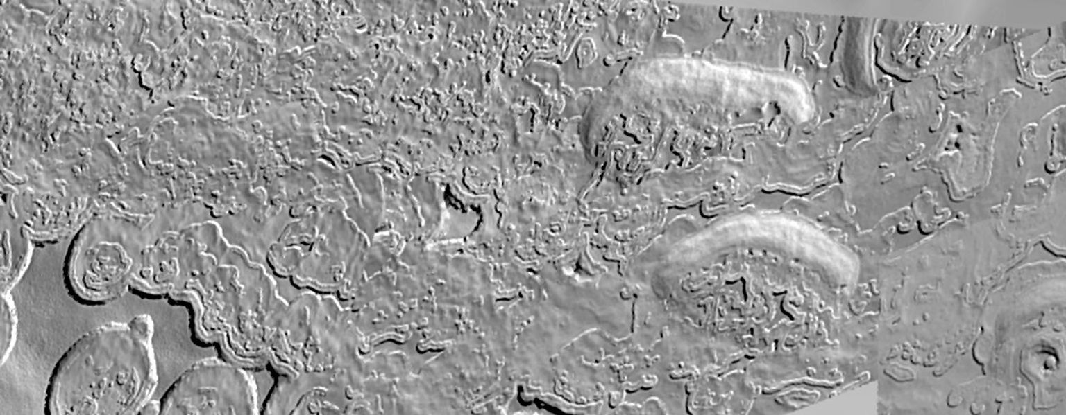 NASA's Mars Global Surveyor shows complex erosional patterns that have developed on Mars' south polar cap, perhaps by a combination of sublimation, wind erosion, and ground-collapse.