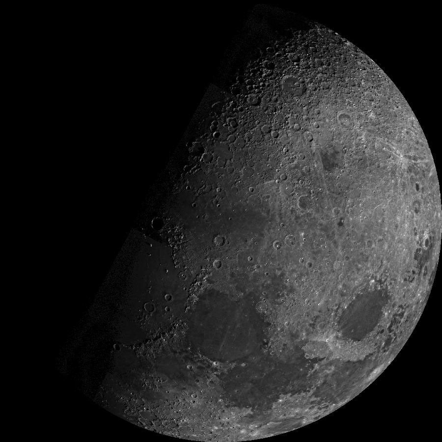 This view from NASA's Mariner 10 is of eastern Mare Frigor near the center, while Mare Crisiumis the large circular feature near the lower right. The heavily cratered region shown in the top of the mosaic shows portions of the Moon not seen from the Earth