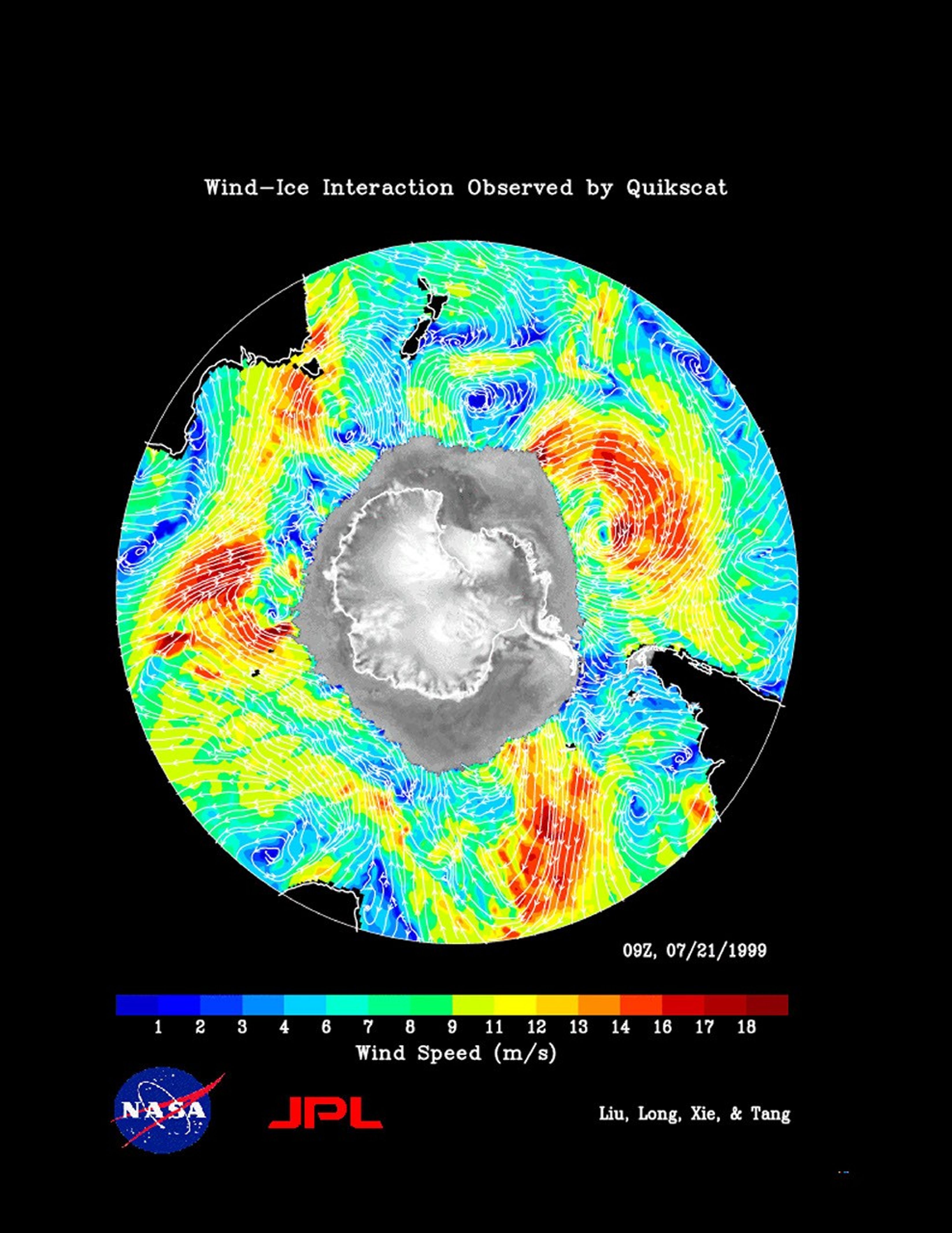 This image demonstrates the capability of the SeaWinds instrument on NASA's QuikScat satellite in monitoring both sea ice and ocean surface wind, thus helping to further our knowledge in wind-ice interaction and its effect on climate change.
