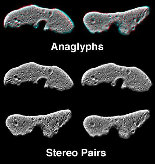 This image from NASA's NEAR Shoemaker is of processed data showing Eros from slightly different perspectives is combined as anaglyphs or stereo pairs. 3D glasses are necessary to view this image.