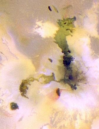 This pair of volcanic features on Jupiter's moon Io represents the longest active lava flow known to exist in our solar system. This image, one of the highest resolution pictures ever taken of Io, was obtained by NASA s Galileo spacecraft on July 3, 1999.