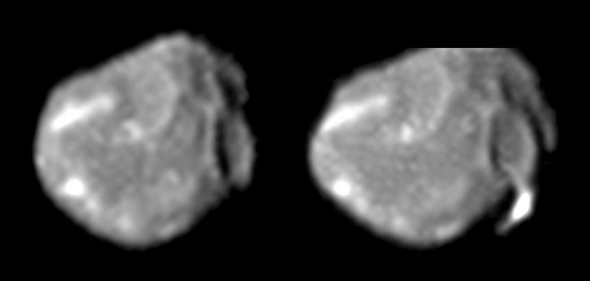 These two images of Jupiter's small, irregularly shaped moon Amalthea, obtained by the camera onboard NASA's Galileo spacecraft, form a 'stereo pair' that helps scientists determine this moon's shape and the topography of its surface features.