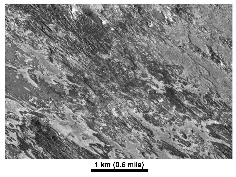 This image, acquired by NASA's Galileo spacecraft on February 22, 2000, is the highest resolution image ever taken of Io. The resolution is 5.2 meters (18 feet) per picture element.