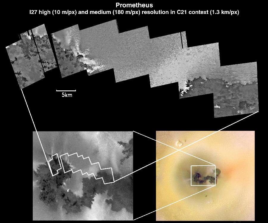 This composite of images, all acquired by NASA's Galileo spacecraft, contains three views at three different image resolutions of the volcano Prometheus on Jupiter's moon Io. The upper mosaic consists of eight high-resolution frames.